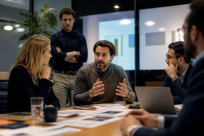 A group of business professionals discussing strategy around a table.