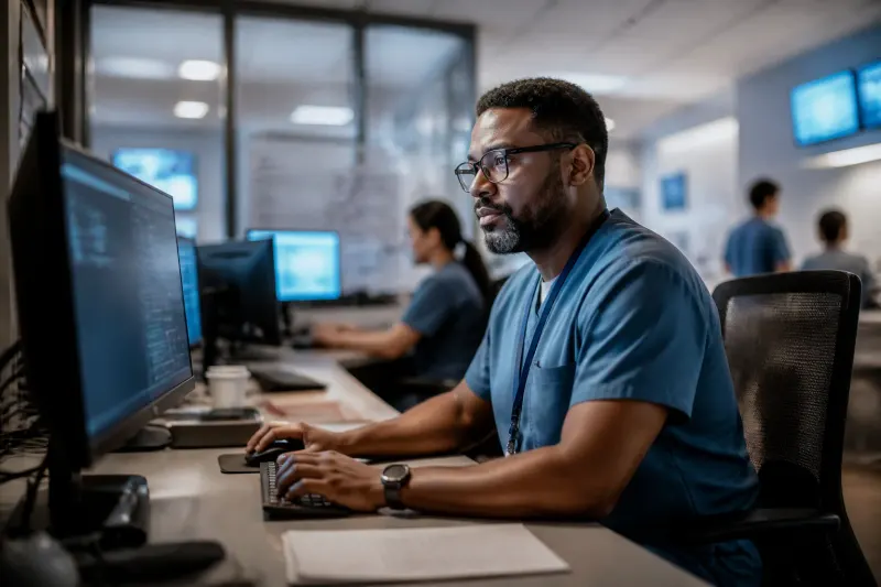 A cybersecurity analyst monitoring digital security for healthcare within a busy hospital environment.