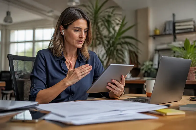 A user interacting with a tablet displaying a virtual assistant interface.