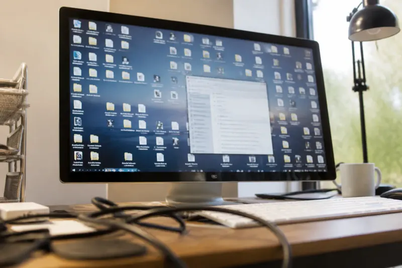 A cluttered desktop with multiple folders and the Recycle Bin visible.