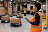 A robotics engineer collaborating with AI technology at a logistics facility.