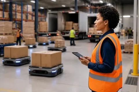 A robotics engineer collaborating with AI technology at a logistics facility.