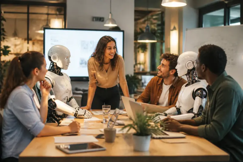 A visual depicting AI coworkers collaborating with humans