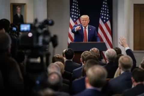 Trump announces the renaming of AI to Super Intelligence in a press conference.