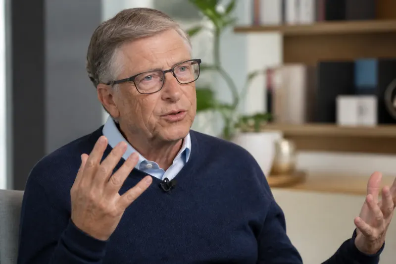 Bill Gates giving an interview about AI risks and self-regulation.