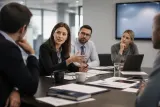 A busy finance office scene with analysts discussing liquidity providers.