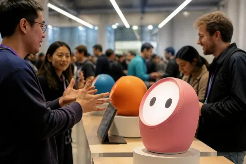 OpenAI's DevDay showcasing Dots, a colorful AI agent assistant.