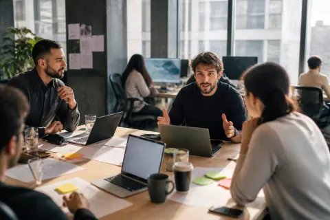 A group of traders discussing strategies around a table in an office.