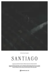 Santiago (2026) movie poster showing a young man in a darkened theater silhouetted against a projector beam, with a ghostly black-and-white film image emerging on screen