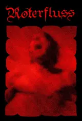 Roterfluss (2026) movie poster showing a lone figure in a small boat on a blood-red river descending into a dark, surreal landscape