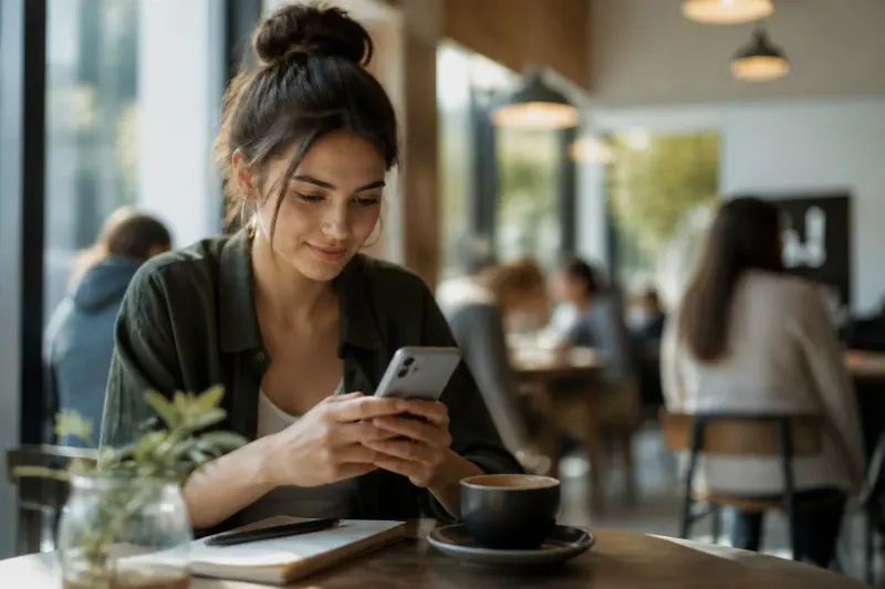 A person engaged in text messaging with an AI assistant on their smartphone.