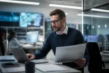 A cybersecurity expert reviewing threat reports in an office suffused with technology.