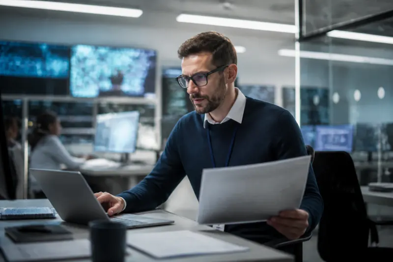 A cybersecurity expert reviewing threat reports in an office suffused with technology.