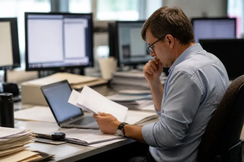 An engineer reviewing document files with charts on a laptop, analyzing efficiency metrics of task delegation.