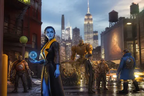 A vibrant collage of Deadlock characters inspired by New York City, showcasing their unique designs and backgrounds.