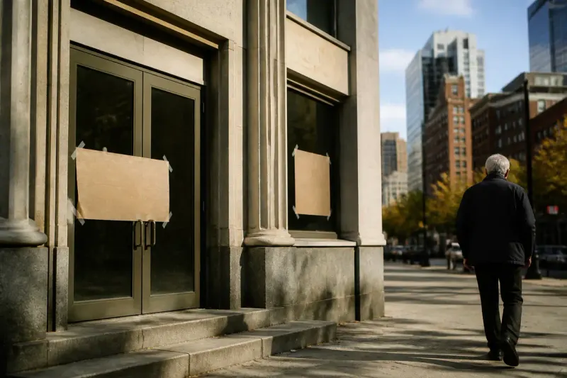 A bank building with visible signs of closure and a message about its closure.