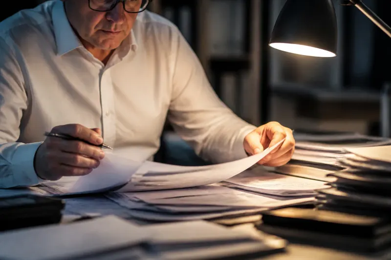 A close-up of a financial analyst examining distressed bank records.