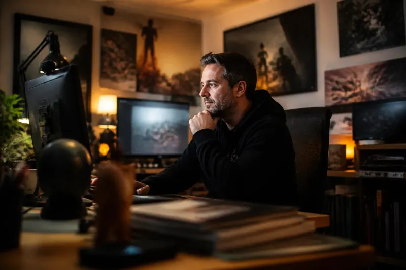 Tonda Ros in a game development setting, immersed in his Steam library