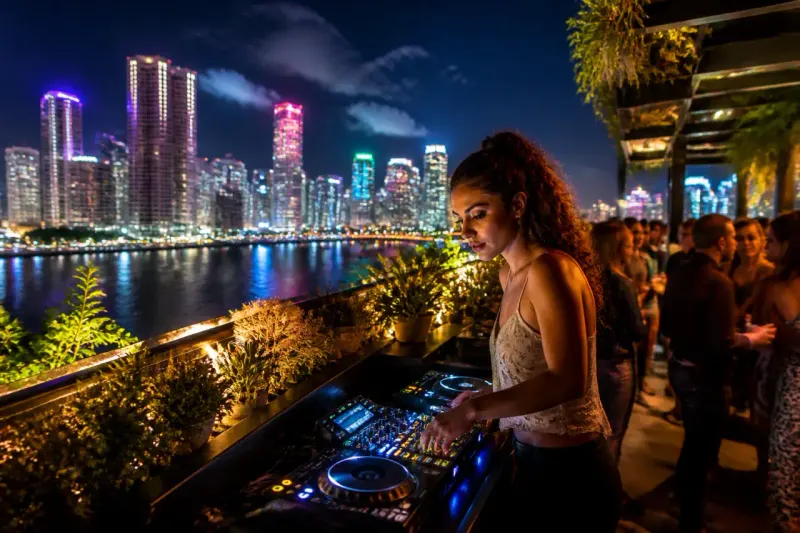 Miami skyline with emphasis on vibrant nightlife associated with Vice City.