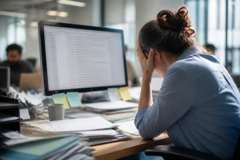 An overwhelmed person staring at a computer screen full of unread emails
