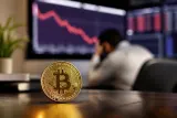 Bitcoin logo with a graph showing downward movement in the background