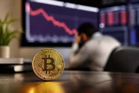 Bitcoin logo with a graph showing downward movement in the background