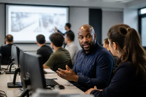 Employees engaging in a hands-on security training workshop.
