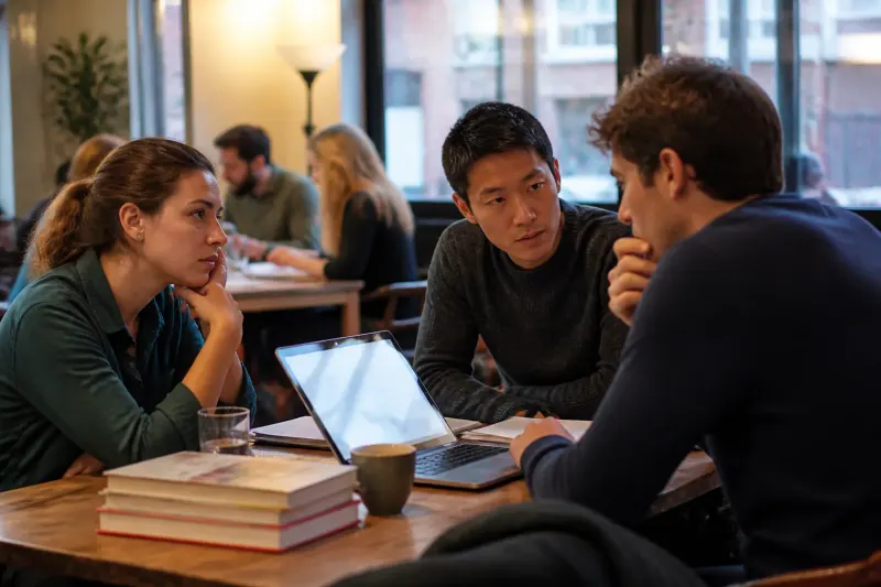 Young mathematicians discussing the implications of AI on their early careers.