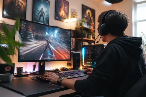 A modern OLED gaming monitor displaying vibrant graphics and smooth motion.