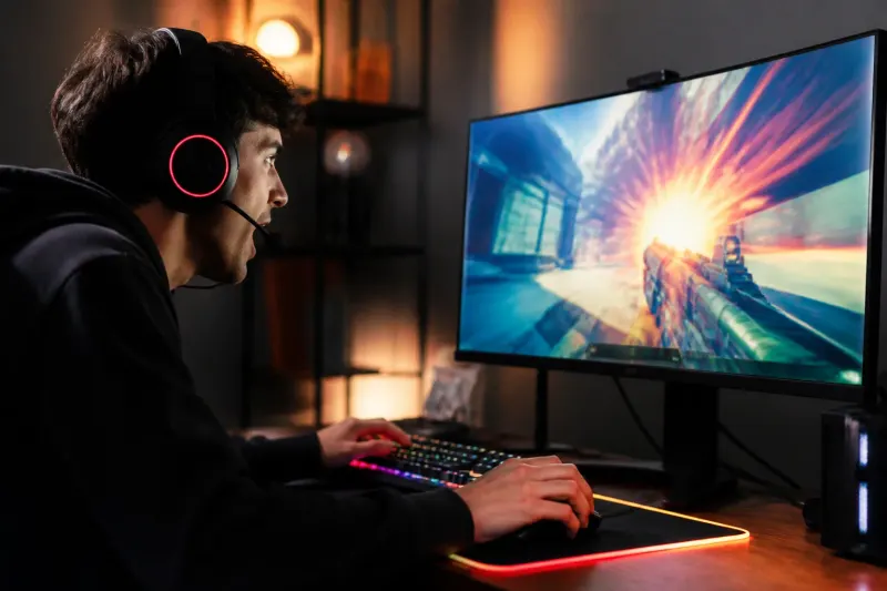 An action shot of a player immersed in a video game on a high-refresh-rate OLED monitor.