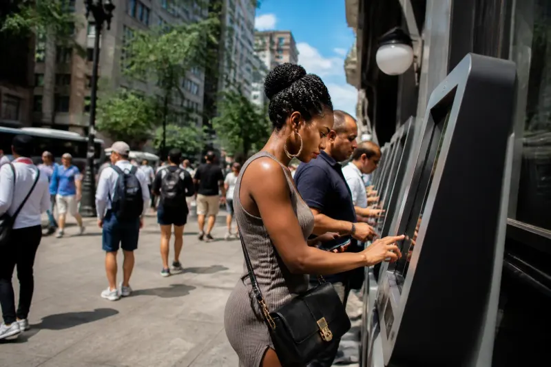 A street view of cryptocurrency kiosks with diverse passersby.