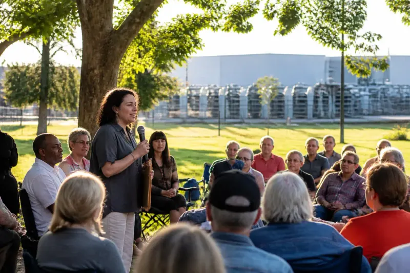 An outdoor scene with a data center in the background, showing community engagement.