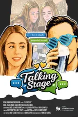 Talking Stage (2026) movie poster featuring split-screen phone interfaces with text bubbles, representing the film's group-chat dating comedy premise
