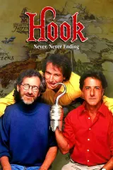 Poster for Hook: Never, Never Ending (2026) documentary featuring archive footage of Robin Williams and Steven Spielberg on the set of Hook