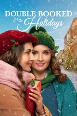 Double Booked for the Holidays (2026) movie poster featuring Rachael Leigh Cook as identical twins in a cozy Welsh bookshop setting with holiday decorations
