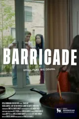 Barricade (2026) movie poster showing a hallway view of a jammed kitchen door with four flatmates in comedic distress