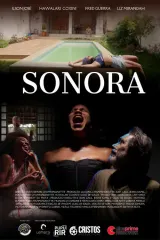 Sonora 2026 movie poster showing a modest Brazilian house facade with muffled sound waves and political imagery pressing against the walls