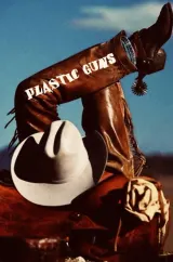 Poster for Plastic Guns (2026) showing a weathered cowboy facing a dusty horizon