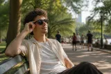A person wearing Ray-Ban Meta Audio glasses while sitting at a park bench with a book.