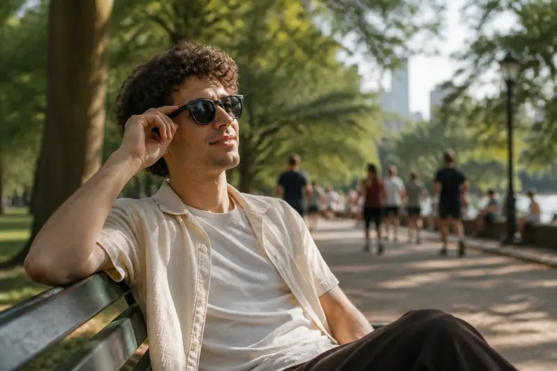 A person wearing Ray-Ban Meta Audio glasses while sitting at a park bench with a book.