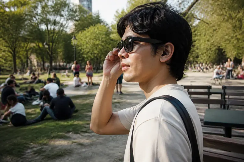 A user trying out the Ray-Ban Meta Audio glasses in an outdoor setting, streaming music.