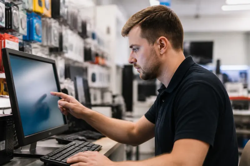 A security technician reviewing software settings on a computer in a software store.