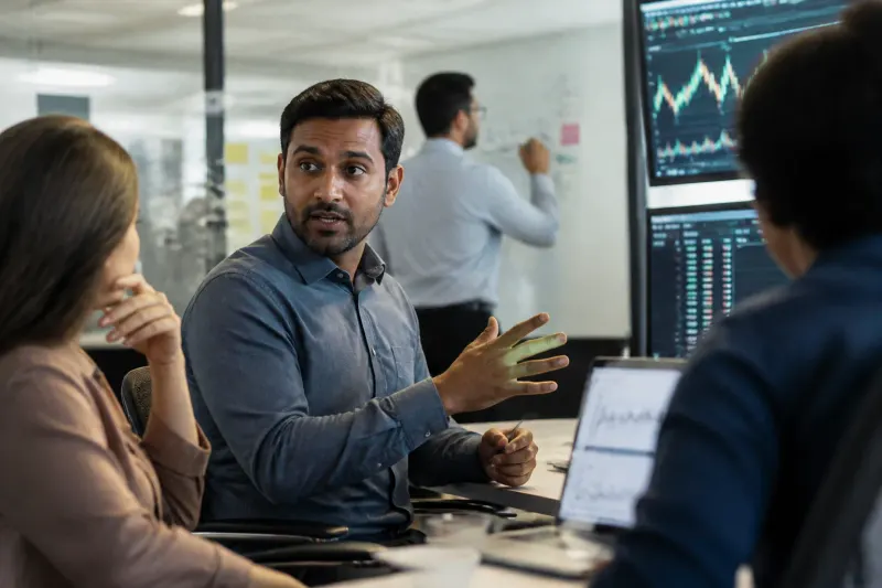 A financial analyst discussing cryptocurrency trends in a lively office environment.