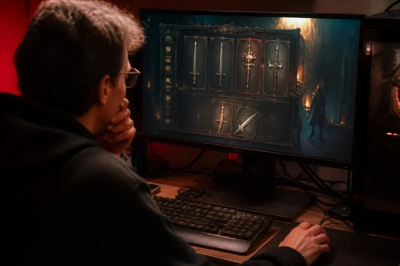 An in-game inventory screen displaying tarot cards and special weapons.