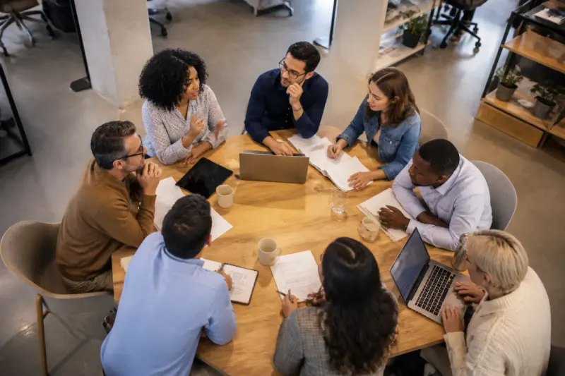 Workers in varying job roles discussing the impact of AI on employment.