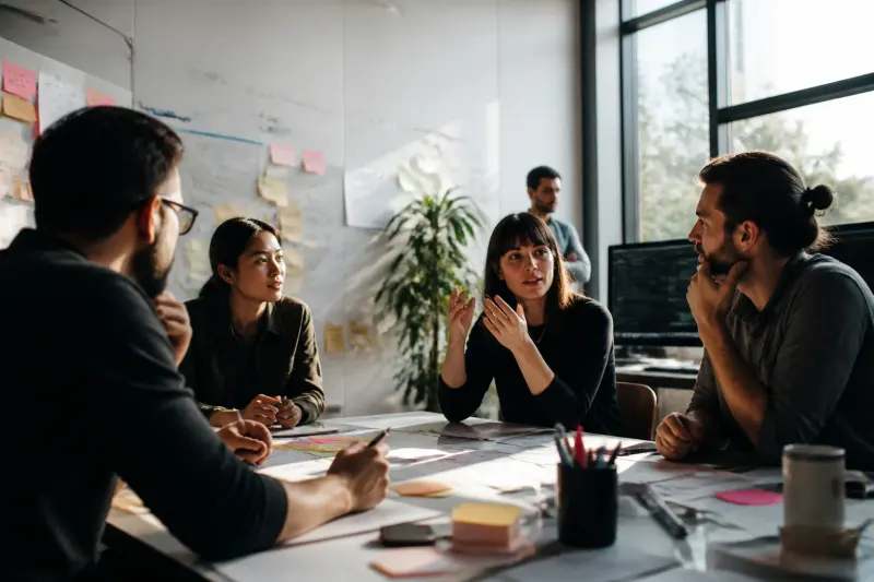 A cybersecurity team discussing strategies around a conference table.