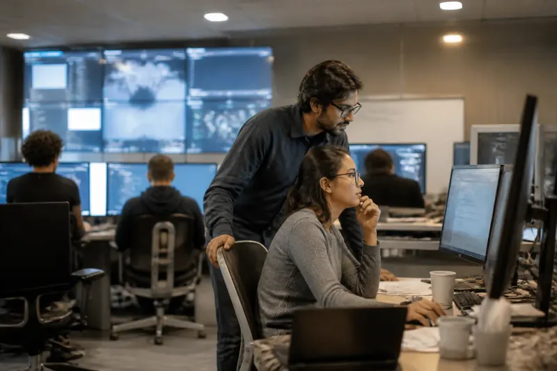 A security team working together to review data and audits in an office.