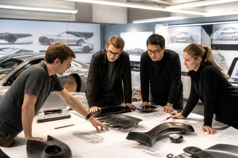 Tesla engineers working on the Roadster design prototype in a workshop setting.