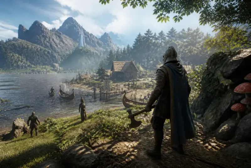 A striking landscape showcasing the diverse environments of Valheim, RuneScape: Dragonwilds, and Enshrouded, with players pursuing adventures.