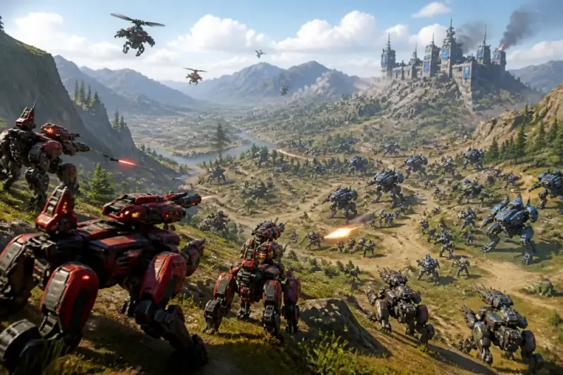 An intense battle scene from an RTS game featuring iconic units.